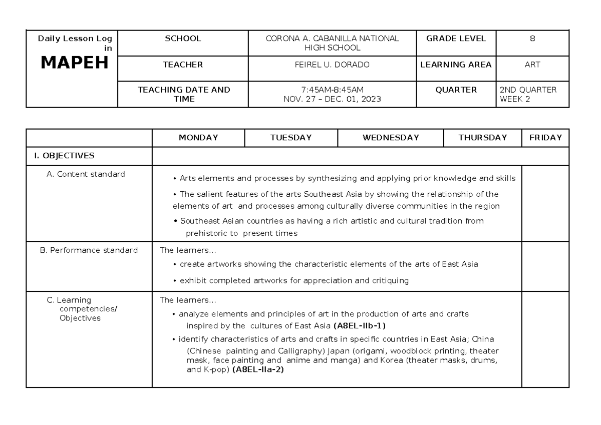 DLL ART8 Q2 WEEK 2 - Summary BS Physical Education - Daily Lesson Log ...