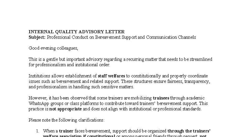 INTERNAL QUALITY ADVISORY: Professional Conduct on Bereavement Support ...