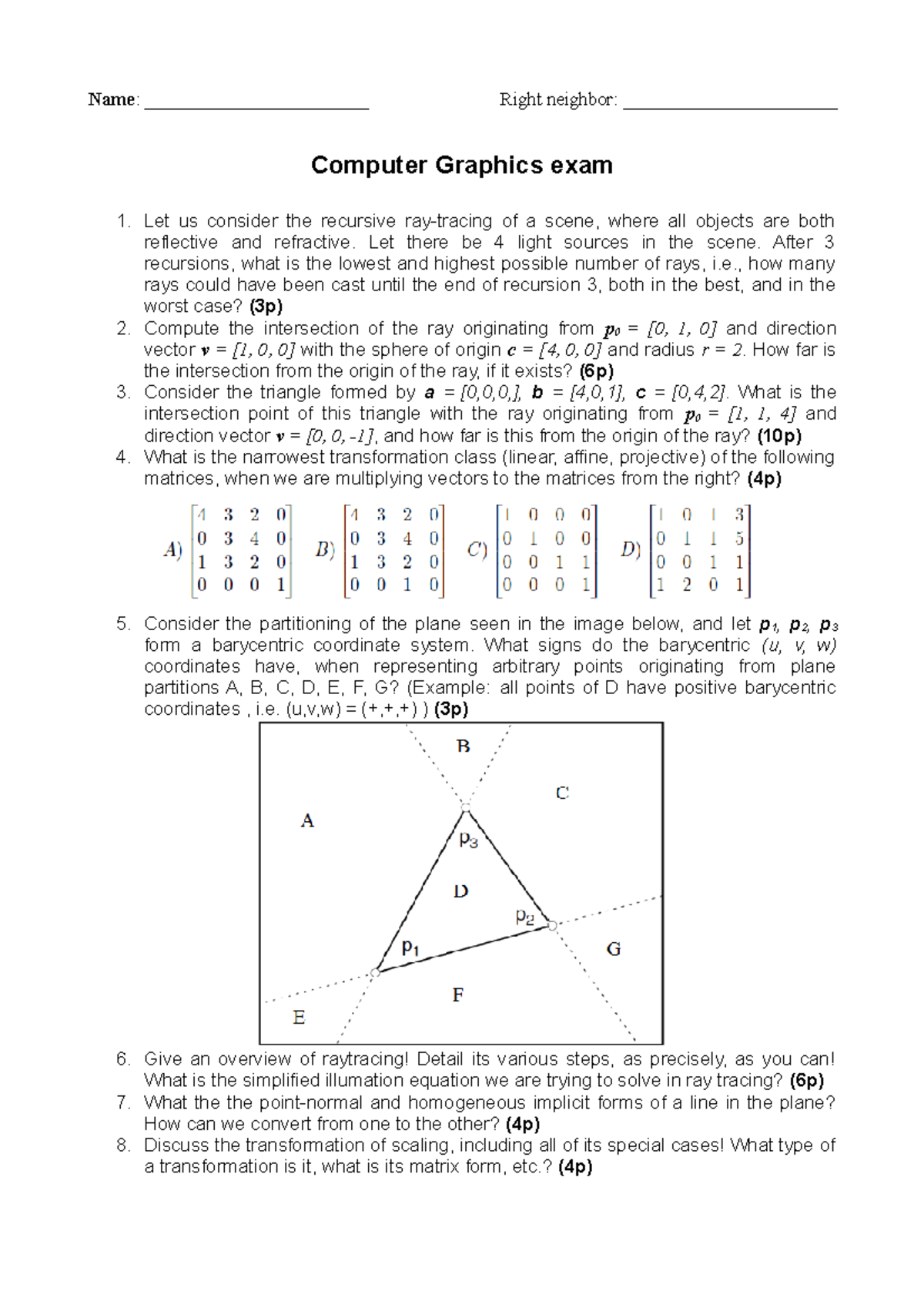 Computer Graphics Exam 2016: Questions and Problem Set - Studocu