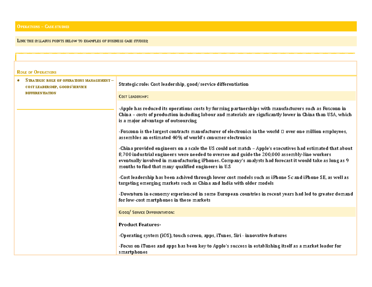 Operations Case Study: Strategic Role of Operations Management in Cost ...