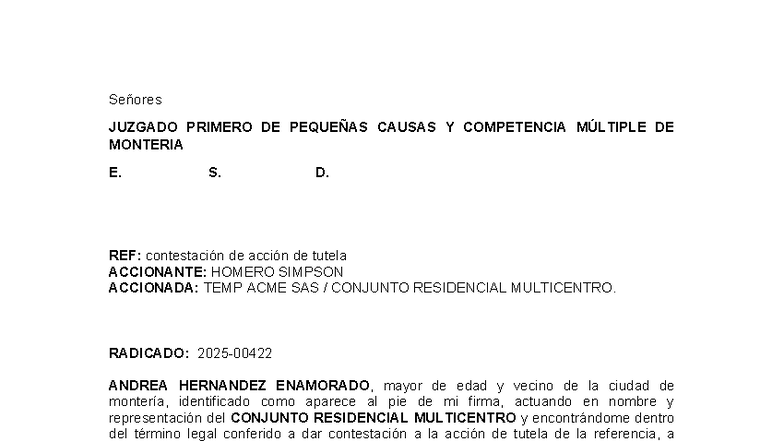 Contestación de Tutela - Homero Simpson vs TEMP ACME SAS - Studocu