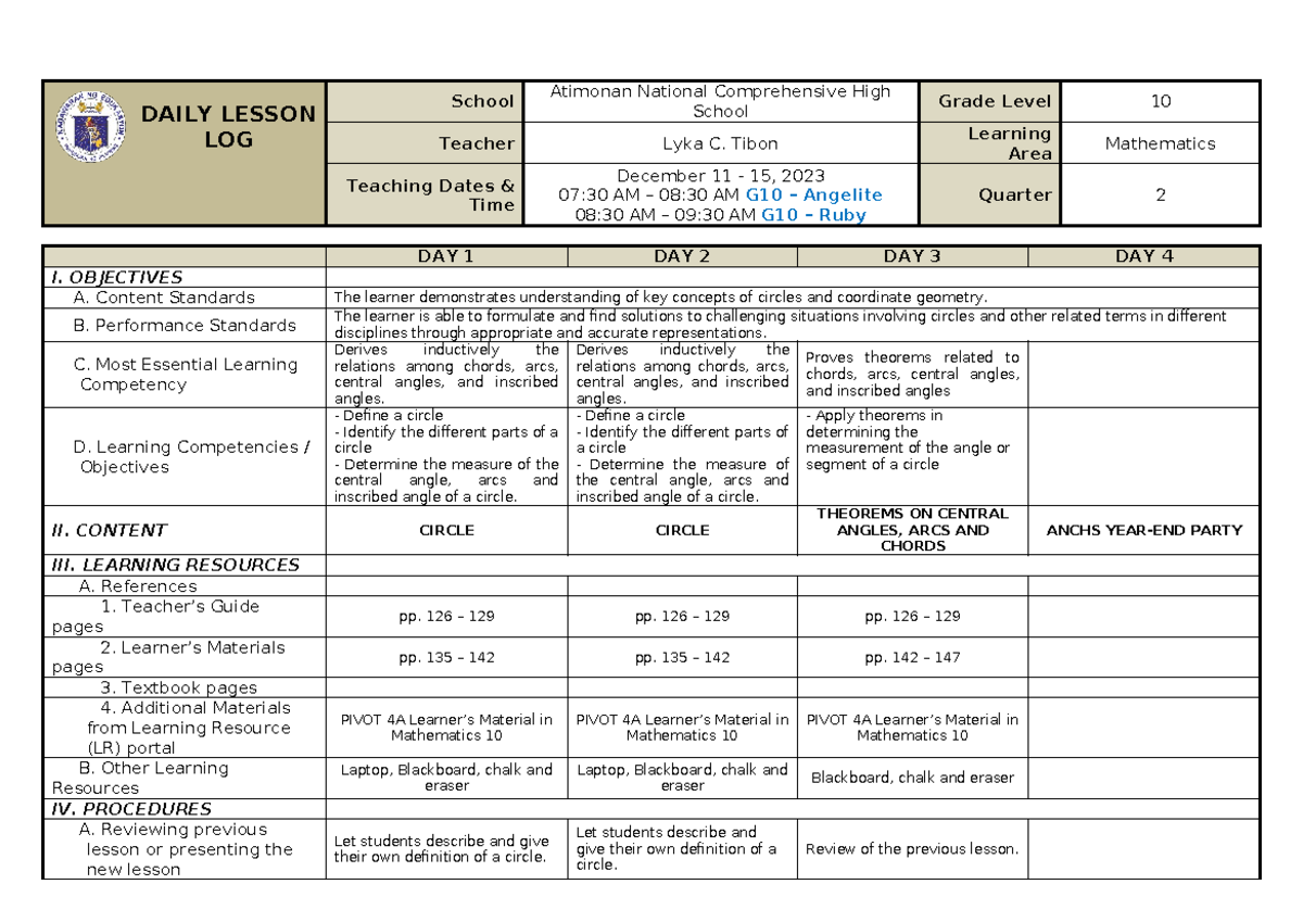 Q2-MATH10 - Daily Lesson Log (December 11-15, 2023) - Studocu