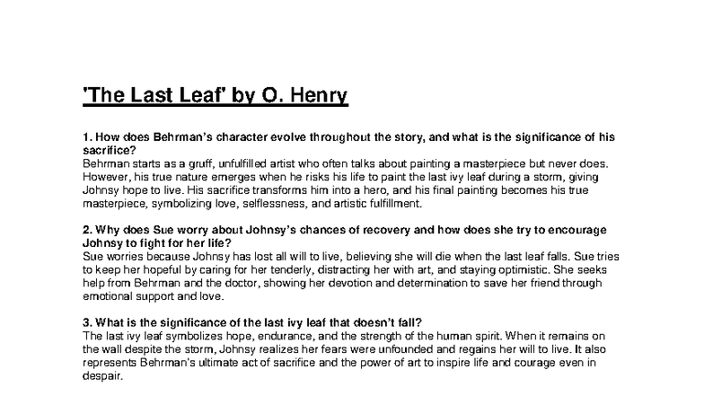 The Last Leaf - Character Evolution & Themes Analysis (75 words) - Studocu