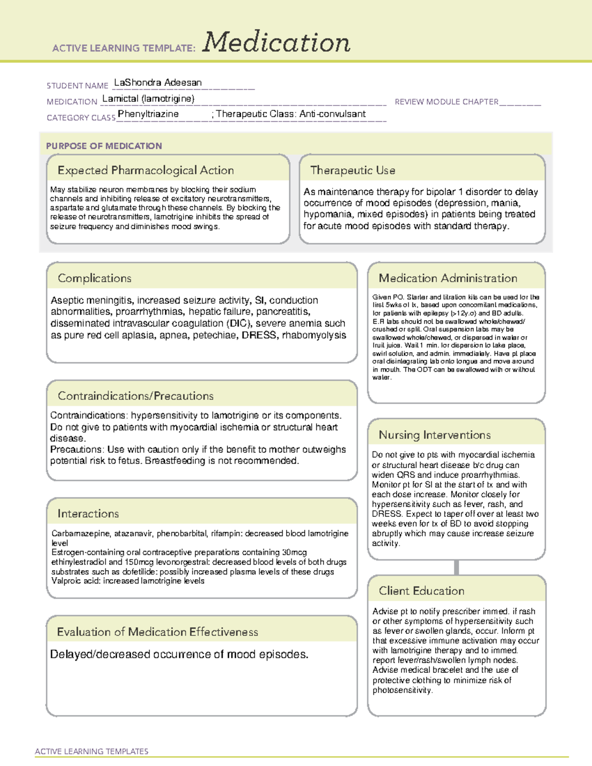 LW DRUG CARD 1 Bipolar Disorder - ACTIVE LEARNING TEMPLATES Medication ...