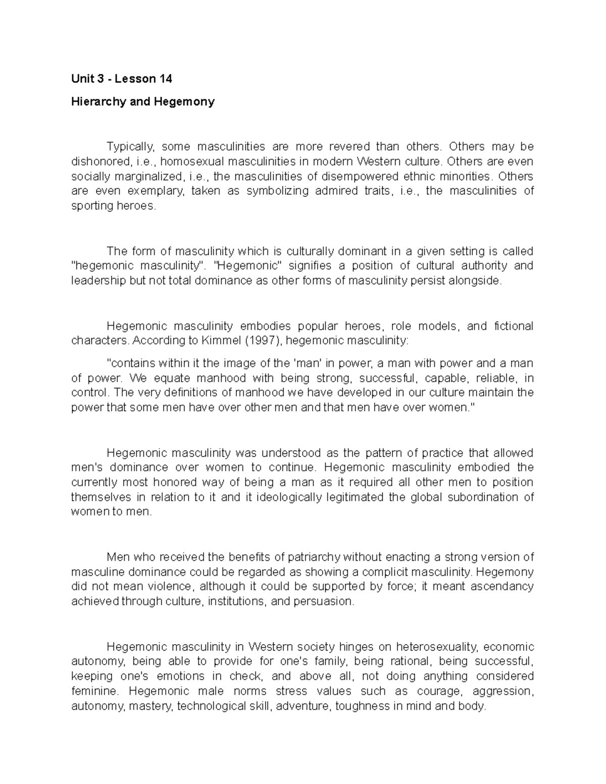 Unit 3 - Lesson 14: Understanding Hegemonic Masculinity and Its ...