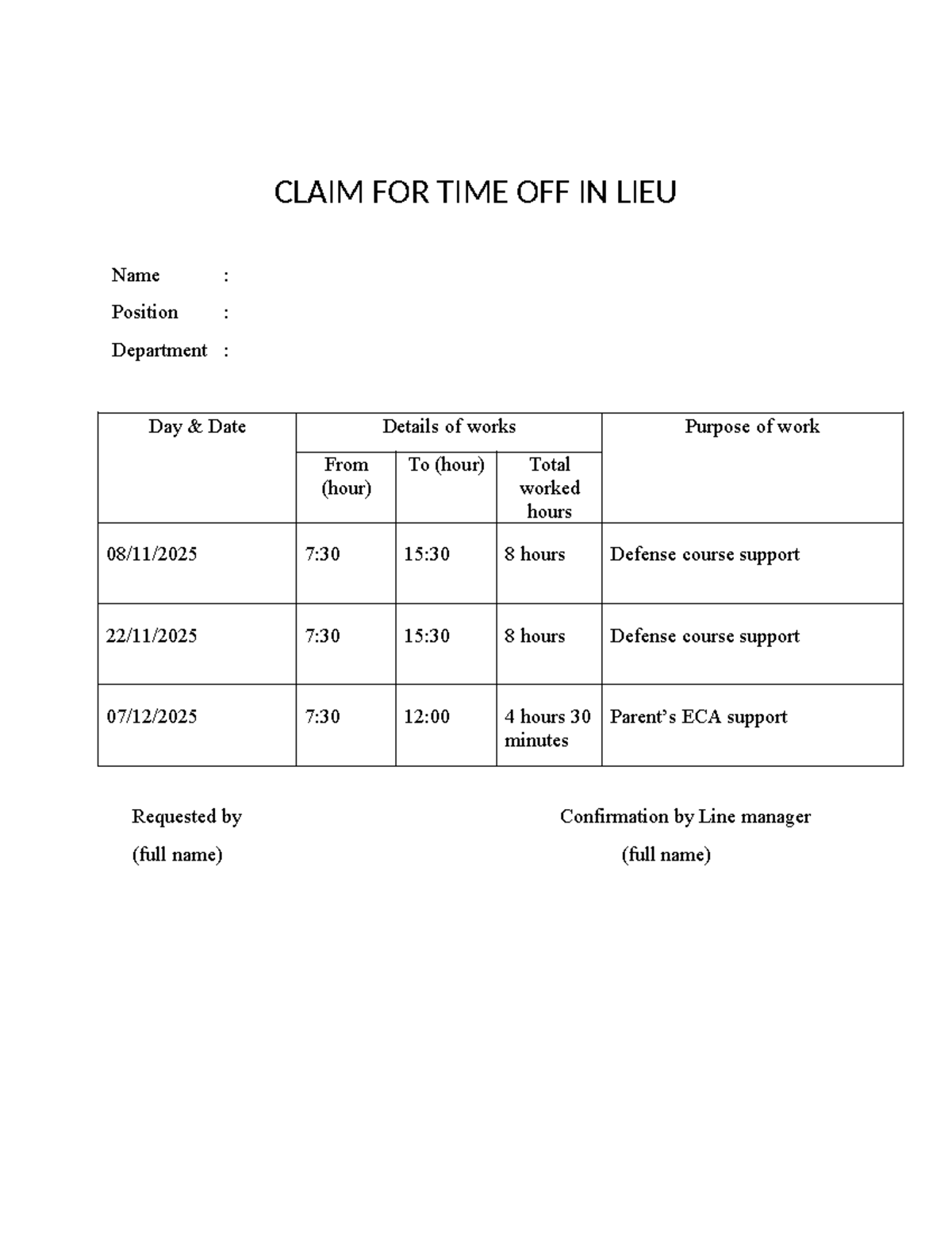 Claim for Time Off in Lieu - Soạn thảo văn bản - CLAIM FOR TIME OFF IN ...