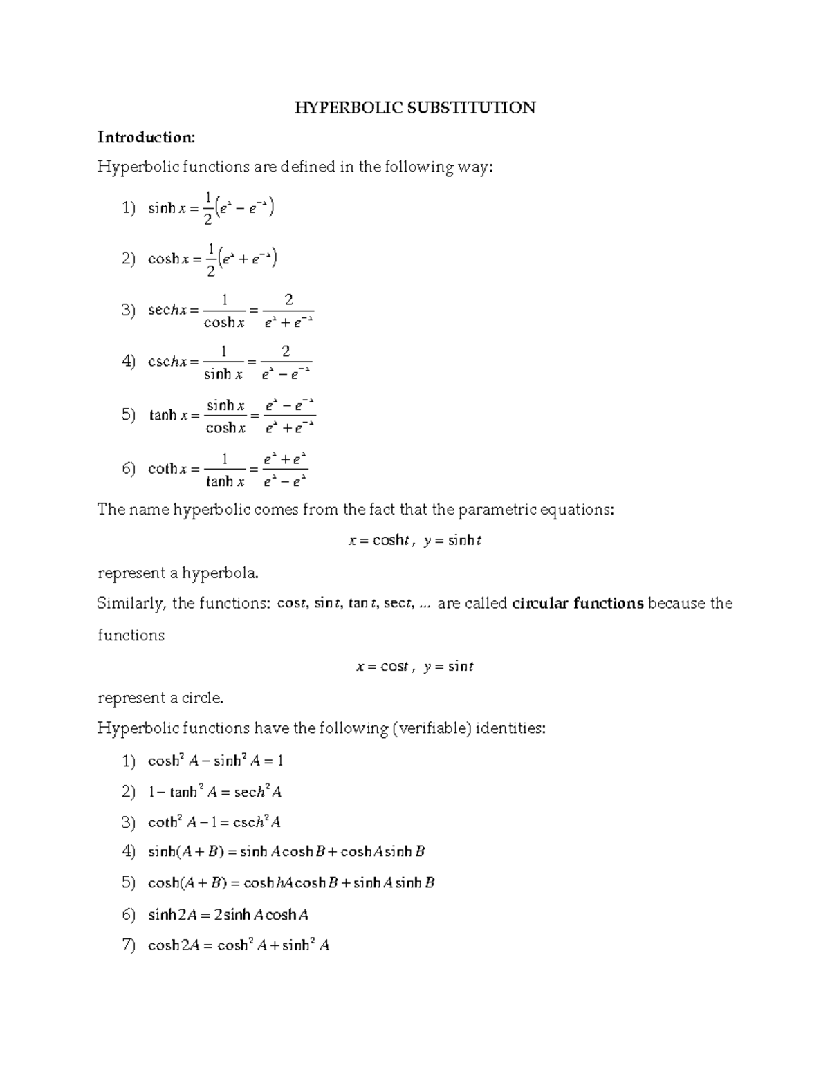 Hyperbolic Substitution in Calculus (MATH 301) - Essential Concepts ...