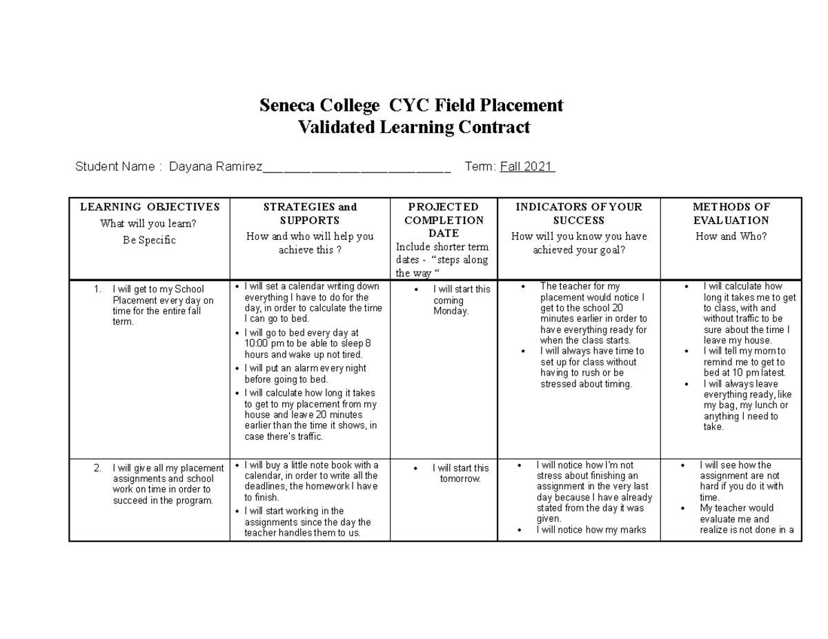 CYC 2021 Learning Contract: Goals and Objectives for Placement - Studocu