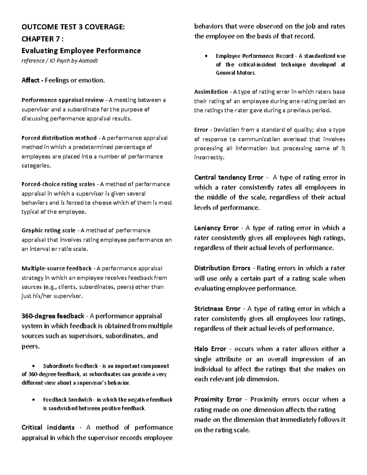 Chapter 7 IO PSYC H Review: Evaluating Employee Performance - Studocu
