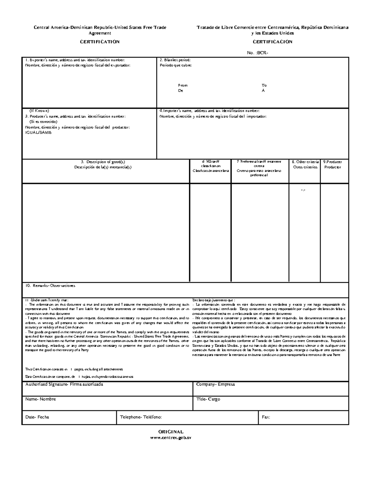CAFTA Certification Document: Central America & DR- US Trade Agreement ...