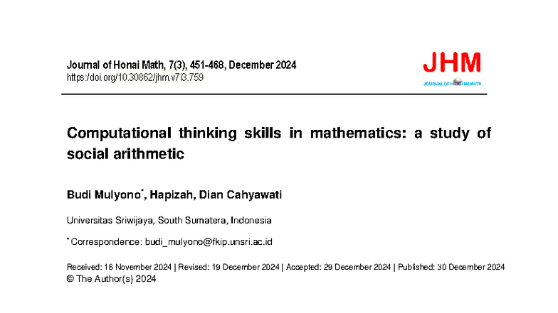 Computational Thinking Skills in Mathematics: A Study of Social ...
