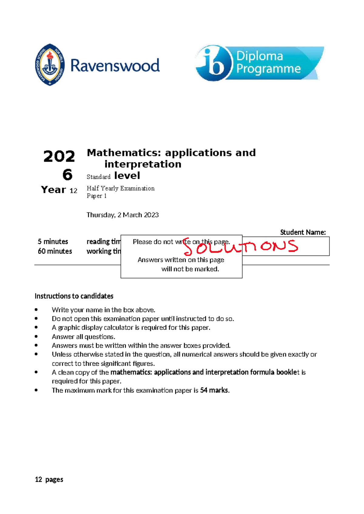 2023 12 Mathematics: Applications and Interpretation AT2 Paper 1 ...