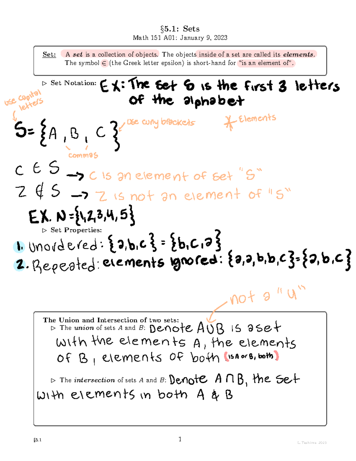 Math 151 A01: In-Class Notes on Sets and Set Operations - Studocu