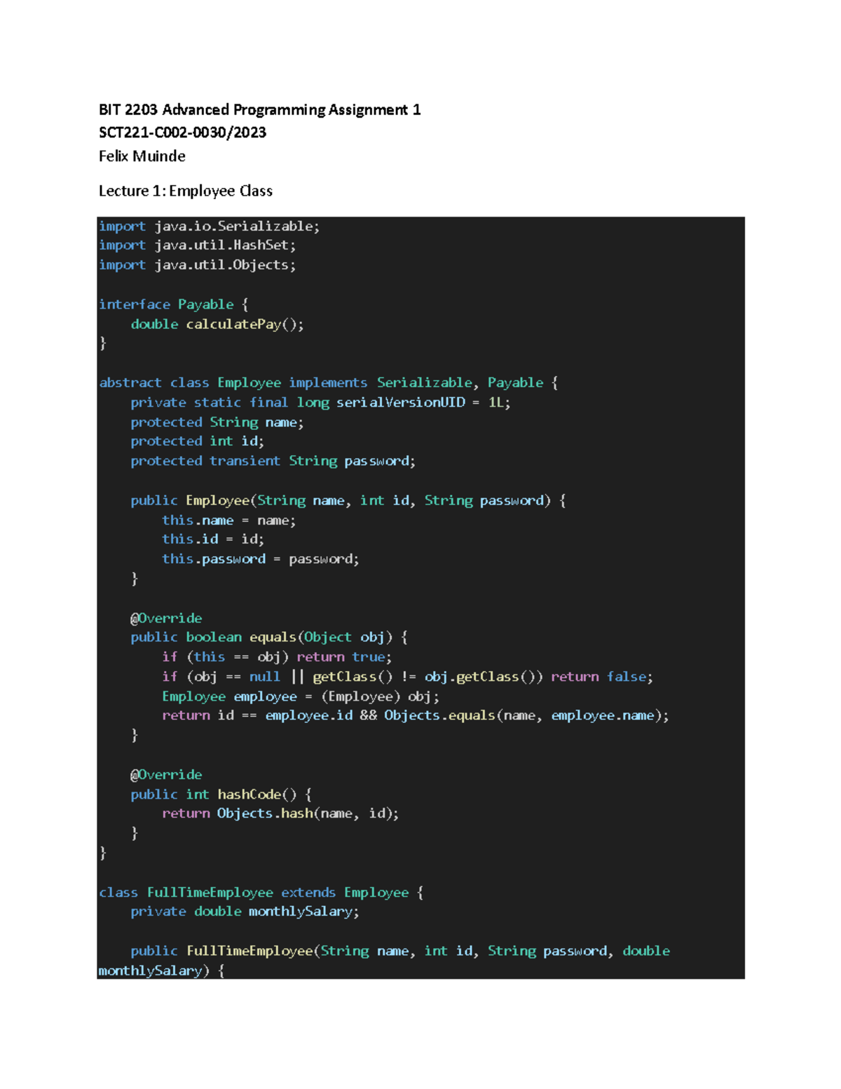BIT 2203 Advanced Programming Assignment 1: Employee Class ...