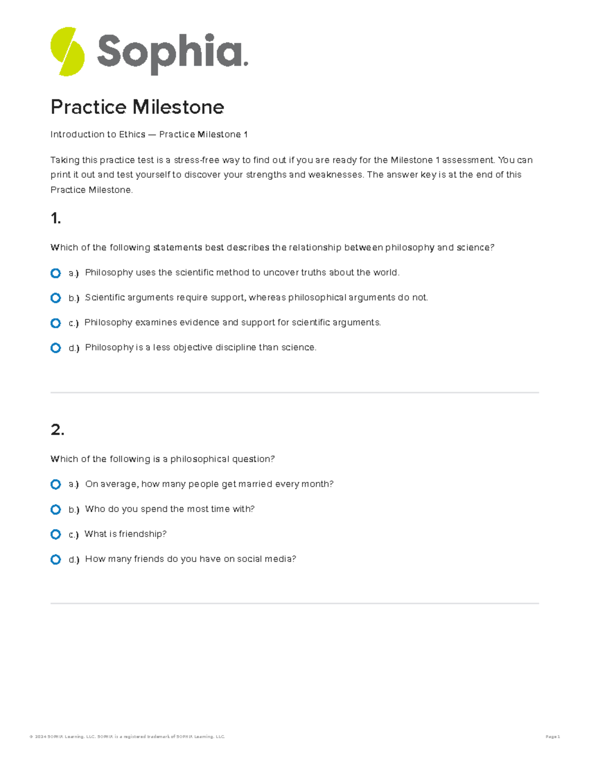 Phil1002 Unit 1 Practice Milestone: Introduction to Ethics Test Guide ...