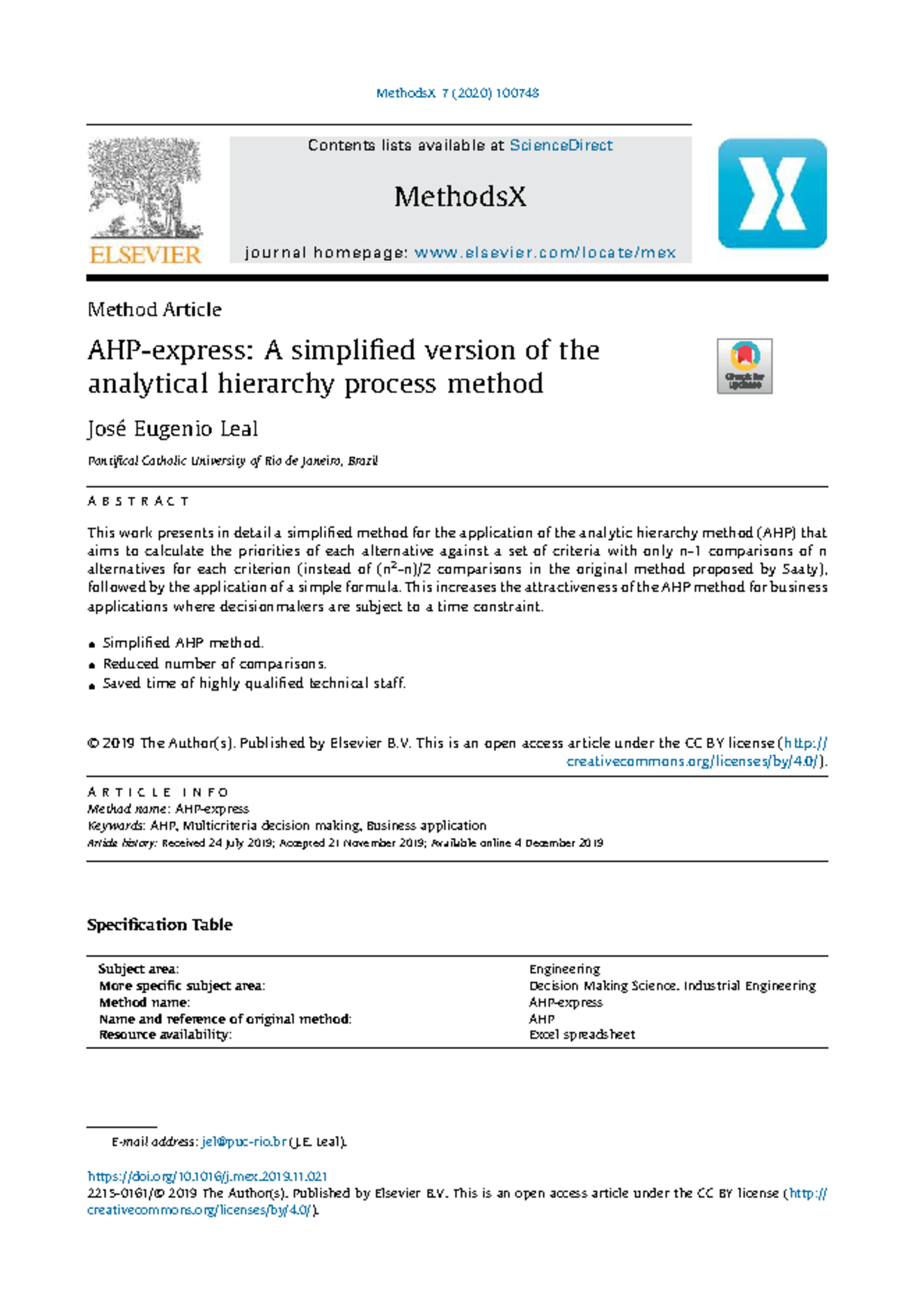 Simplified AHP Method for Decision Making in Business Applications ...