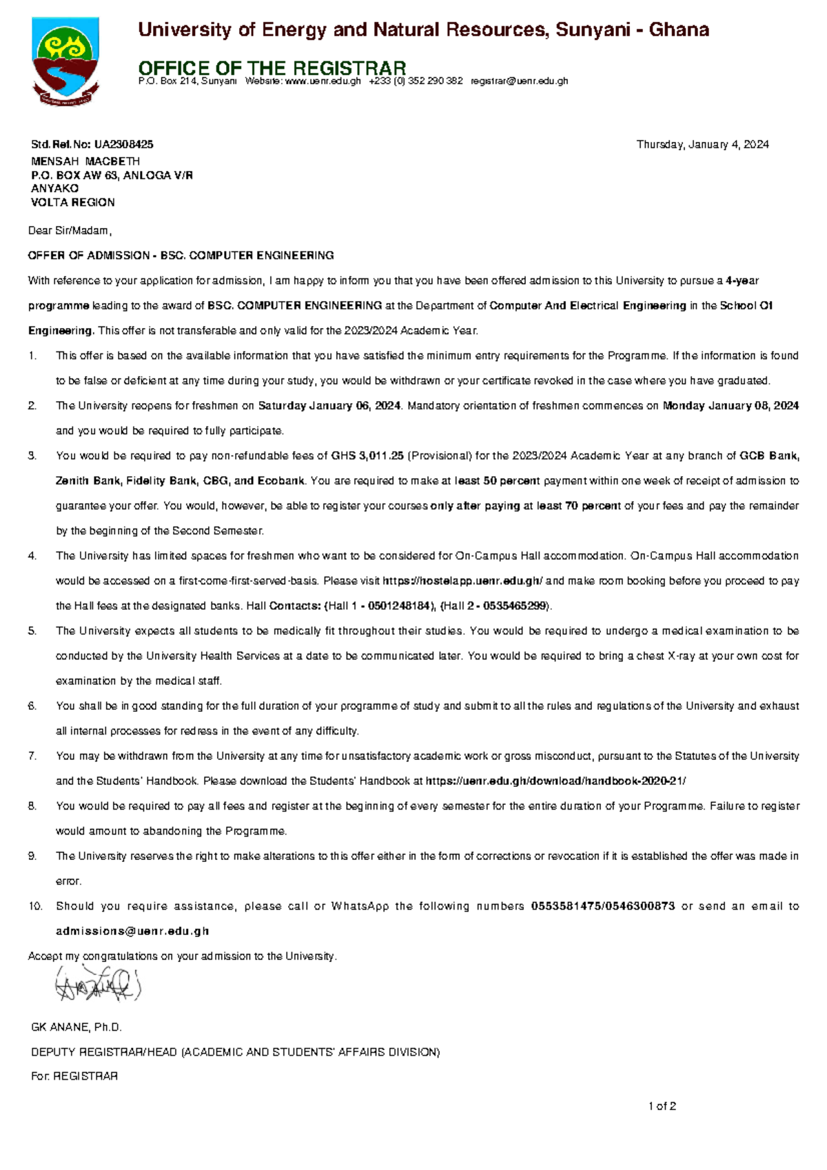 UENR Admission Offer 2023/2024 - BSc. Computer Engineering - Studocu