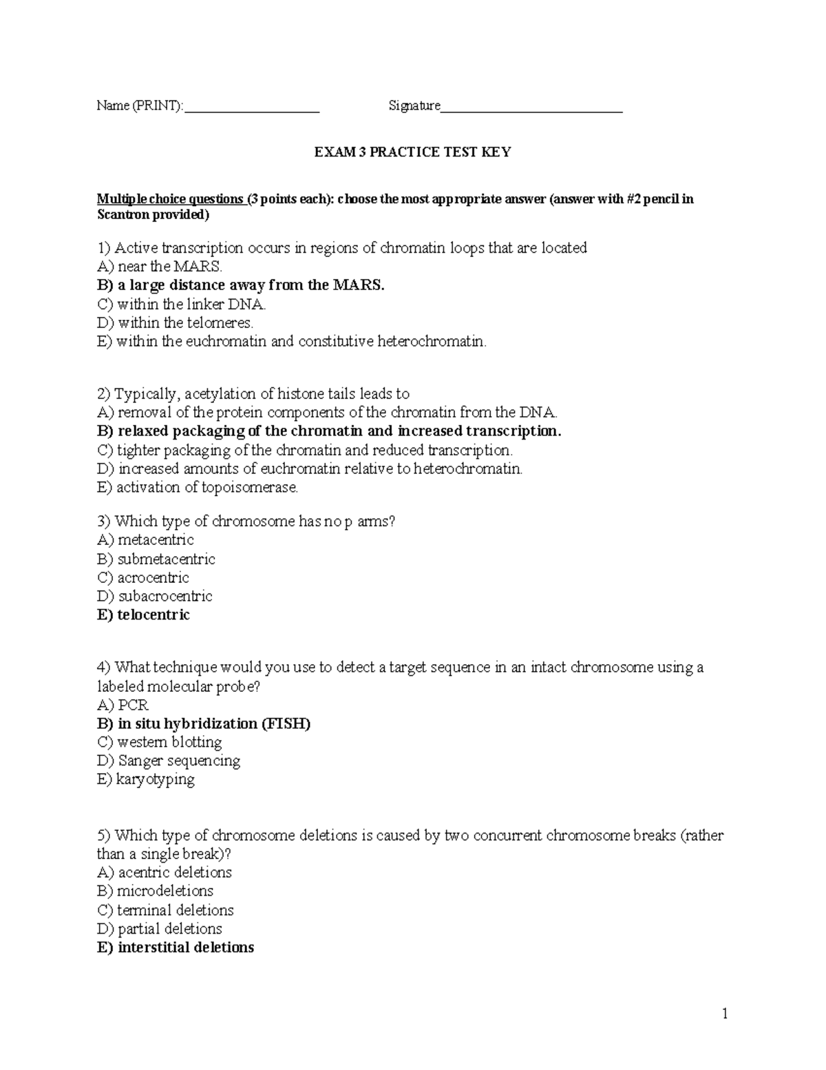 Exam 3 practice test key for genetics (BIO 101) with multiple choice ...