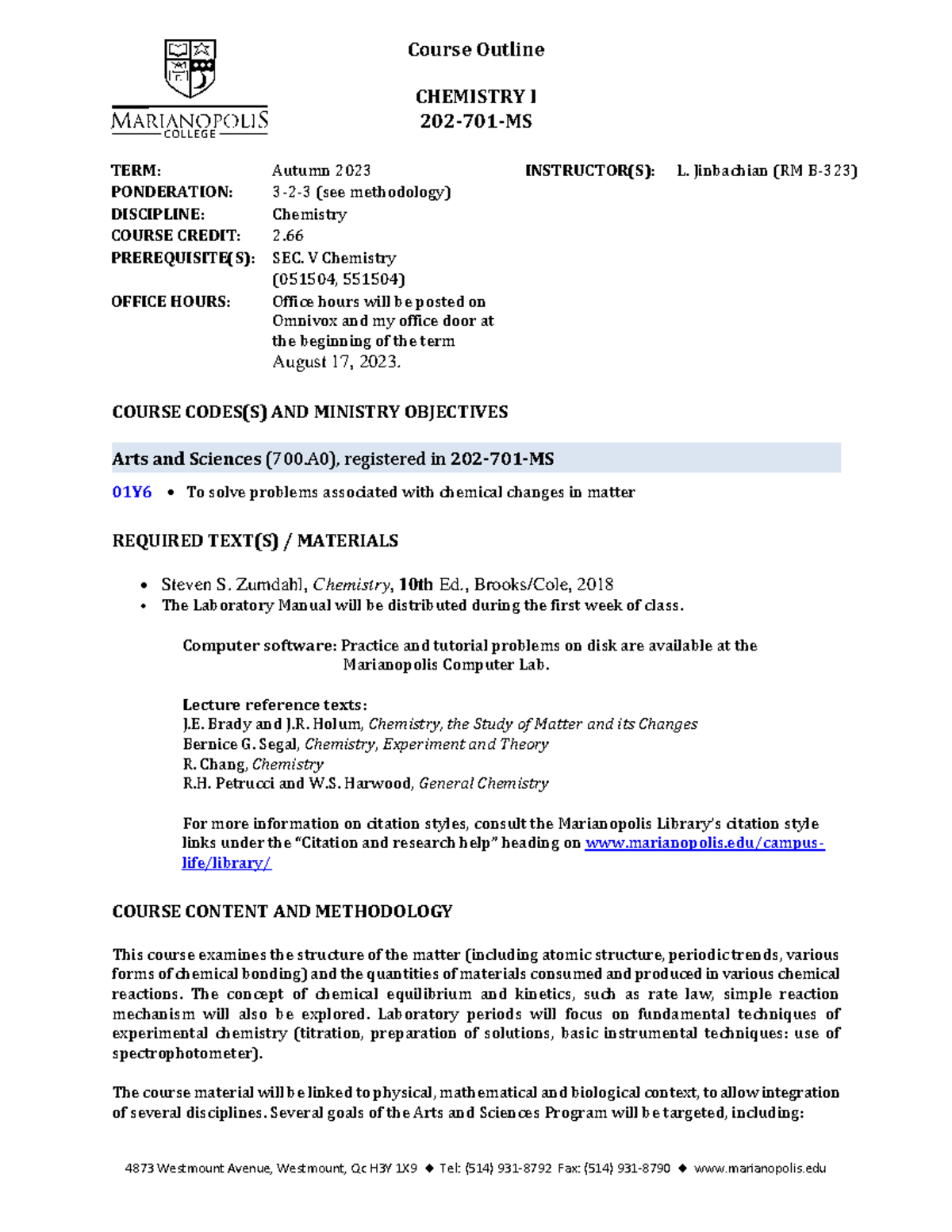 Course Outline for CHEM 051504: General Chemistry I - Autumn 2023 - Studocu