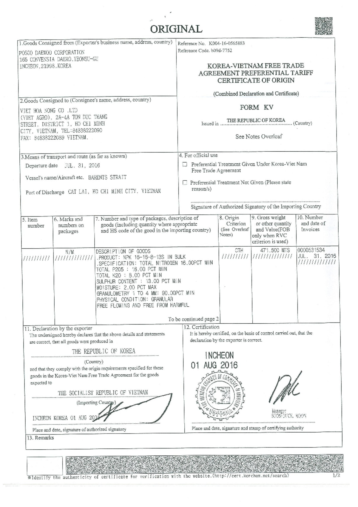 Certificate of Origin KVFTA: Goods Consignment Details - Studocu