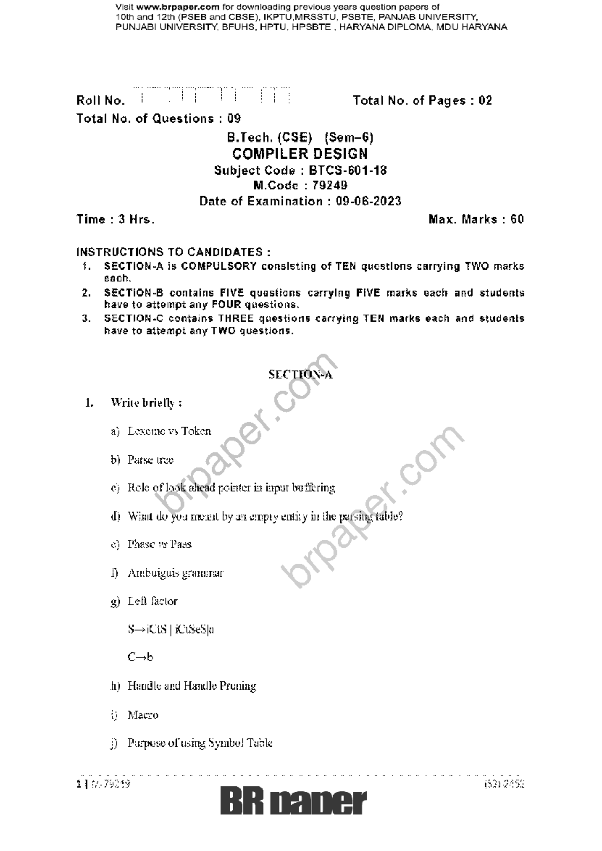 CD(6th)May2023 - This the Exam paper of Compiler Design - Computer ...