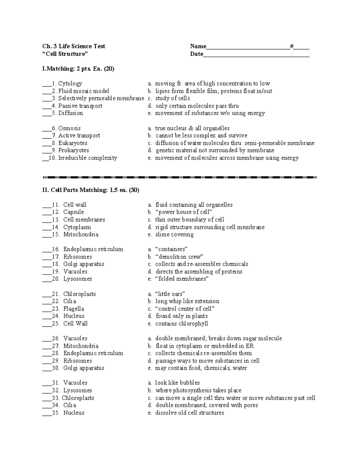 Ch. 3 LS Test 2017-18: Cytology & Cell Parts Matching Exam - Studocu