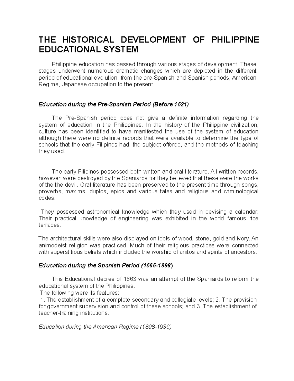 THE Historical Development OF Philippine Educational System - THE ...