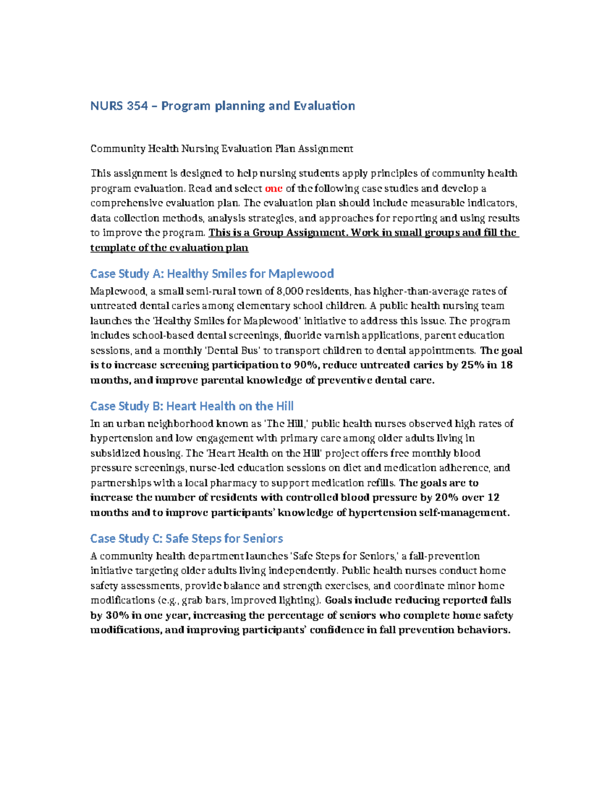 NURS 354 Community Health Evaluation Plan Case Studies Assignment - Studocu