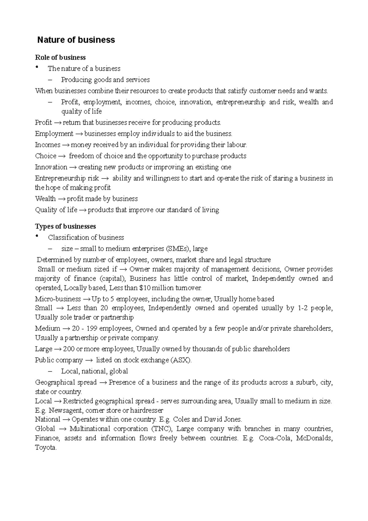 BUS101 Preliminary Notes on Nature of Business and Environmental ...