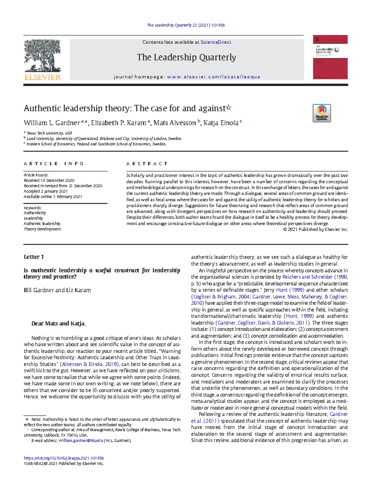 Authentic Leadership Theory: A Critical Dialogue on Its Utility and ...