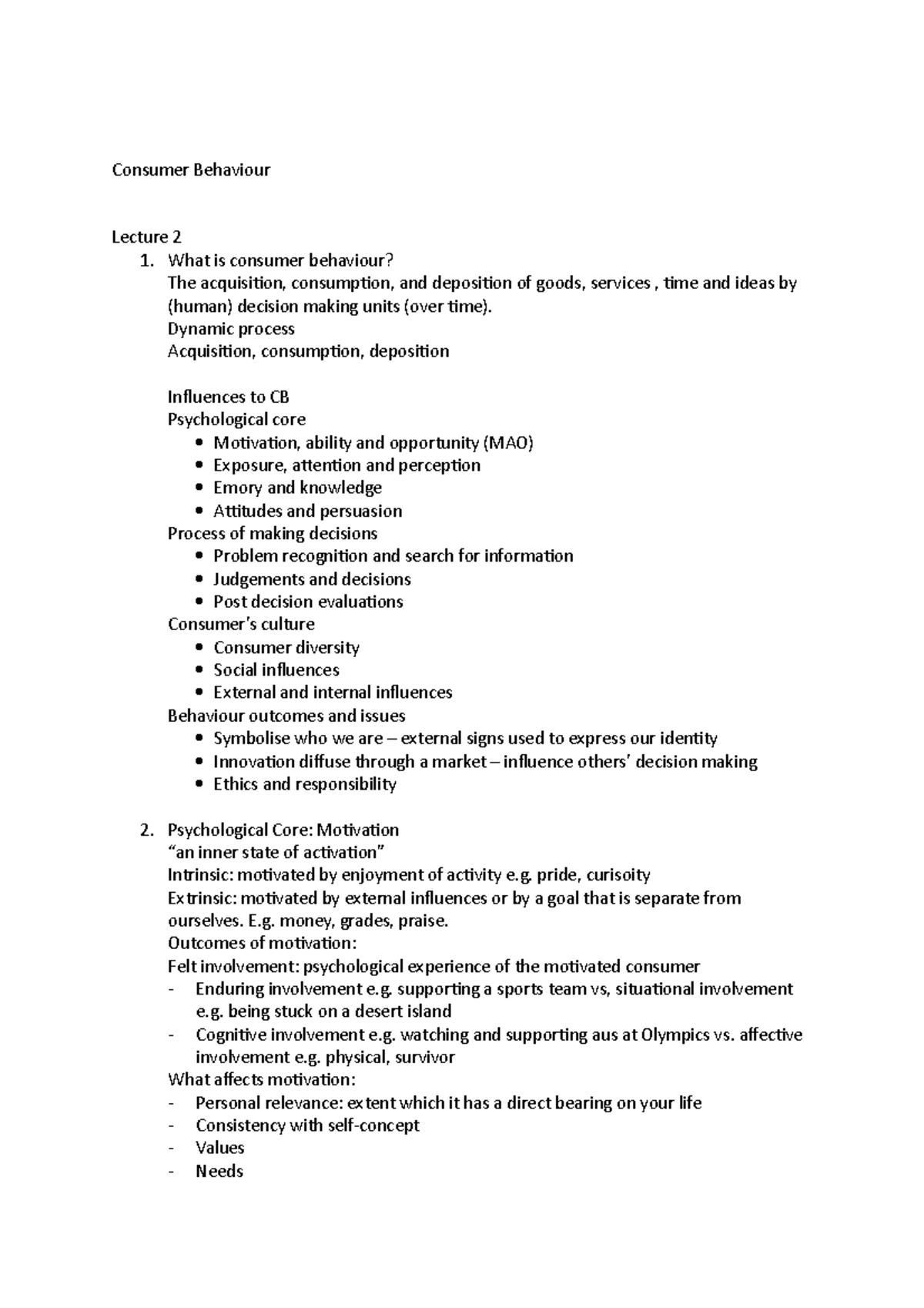 Consumer Behaviour - Lecture notes - Consumer Behaviour Lecture 2 1 ...
