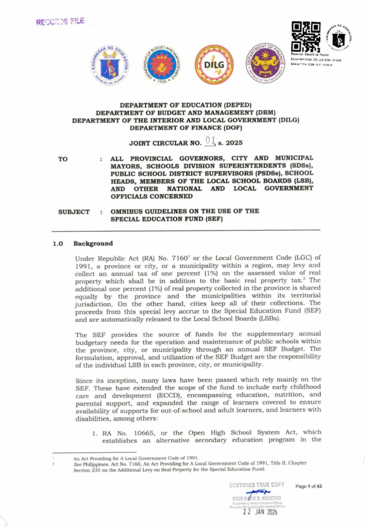Omnibus Guidelines on Special Education Fund (SEF) Utilization - J.C. No. 1, s. - Document Preview