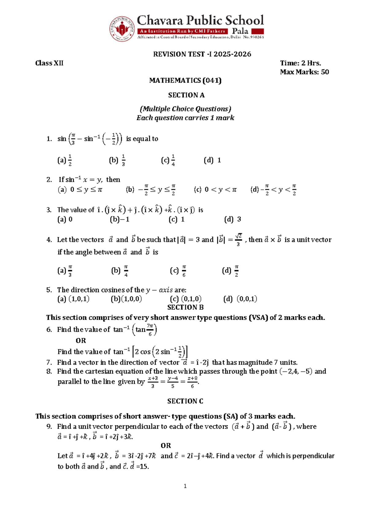 Mathematics Revision Test Class XII (041) - 50 Marks - Studocu