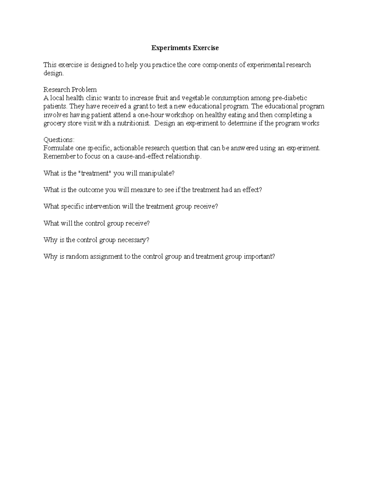 Experiments Exercise: Evaluating a Health Program for College Students ...