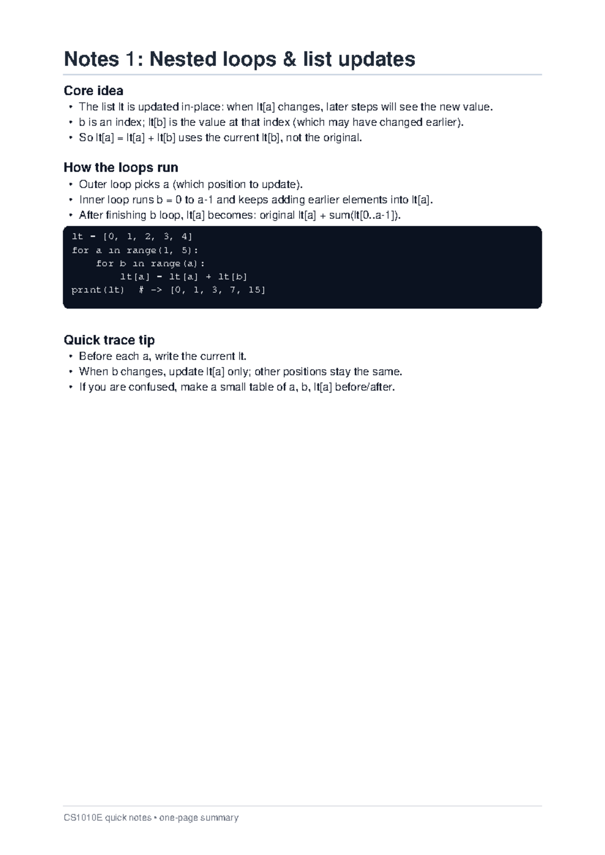 CS1010E: Quick Notes on Nested Loops and List Updates - Studocu