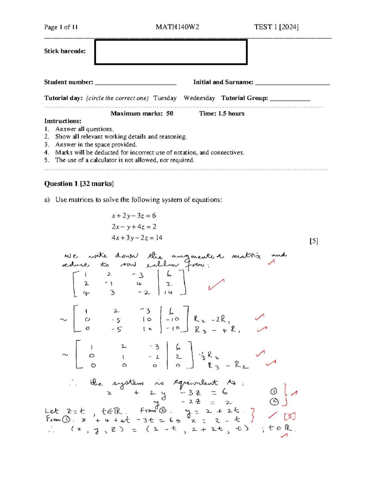 MATH140 Calculus & Linear Algebra Test 1 Paper - March 2024 - Studocu