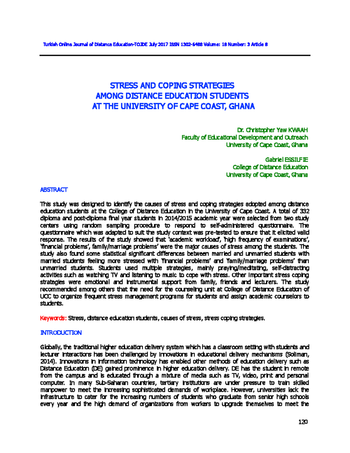 1 - STRESS AND COPING STRATEGIES AMONG DISTANCE EDUCATION STUDENTS ...