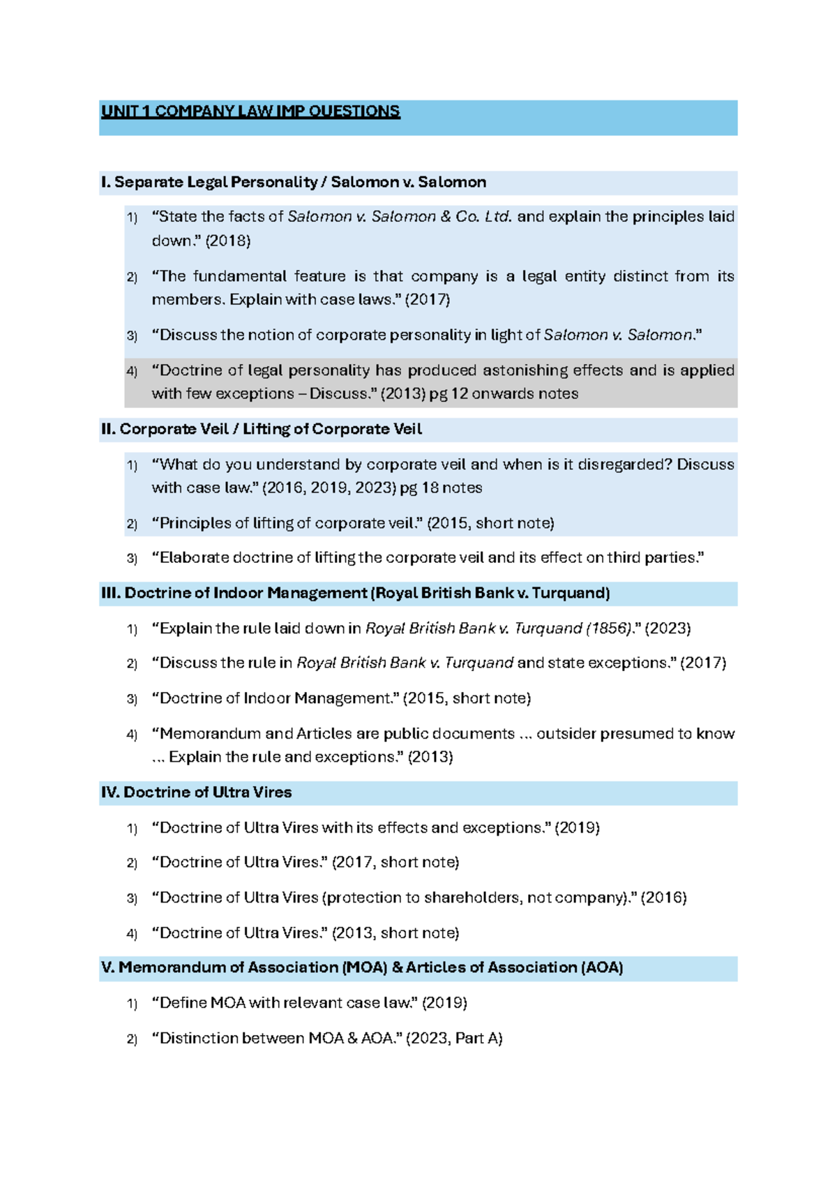 COMPANY LAW (CL101) UNIT 1 IMP QUESTIONS & ANALYSIS - Studocu