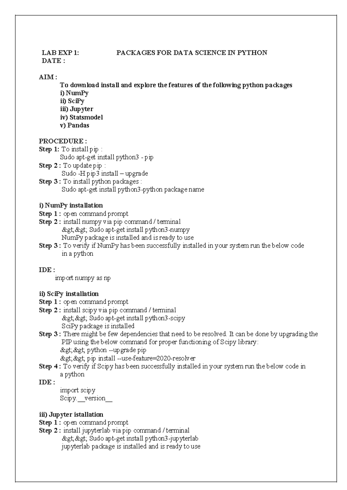 Lab Manual - Practical: Data Science in Python (Lab Exp 1 & 3) - Studocu