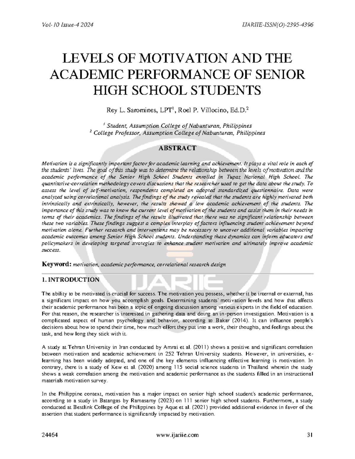 2024 Levels of Motivation and Academic Performance of SHS Students ...