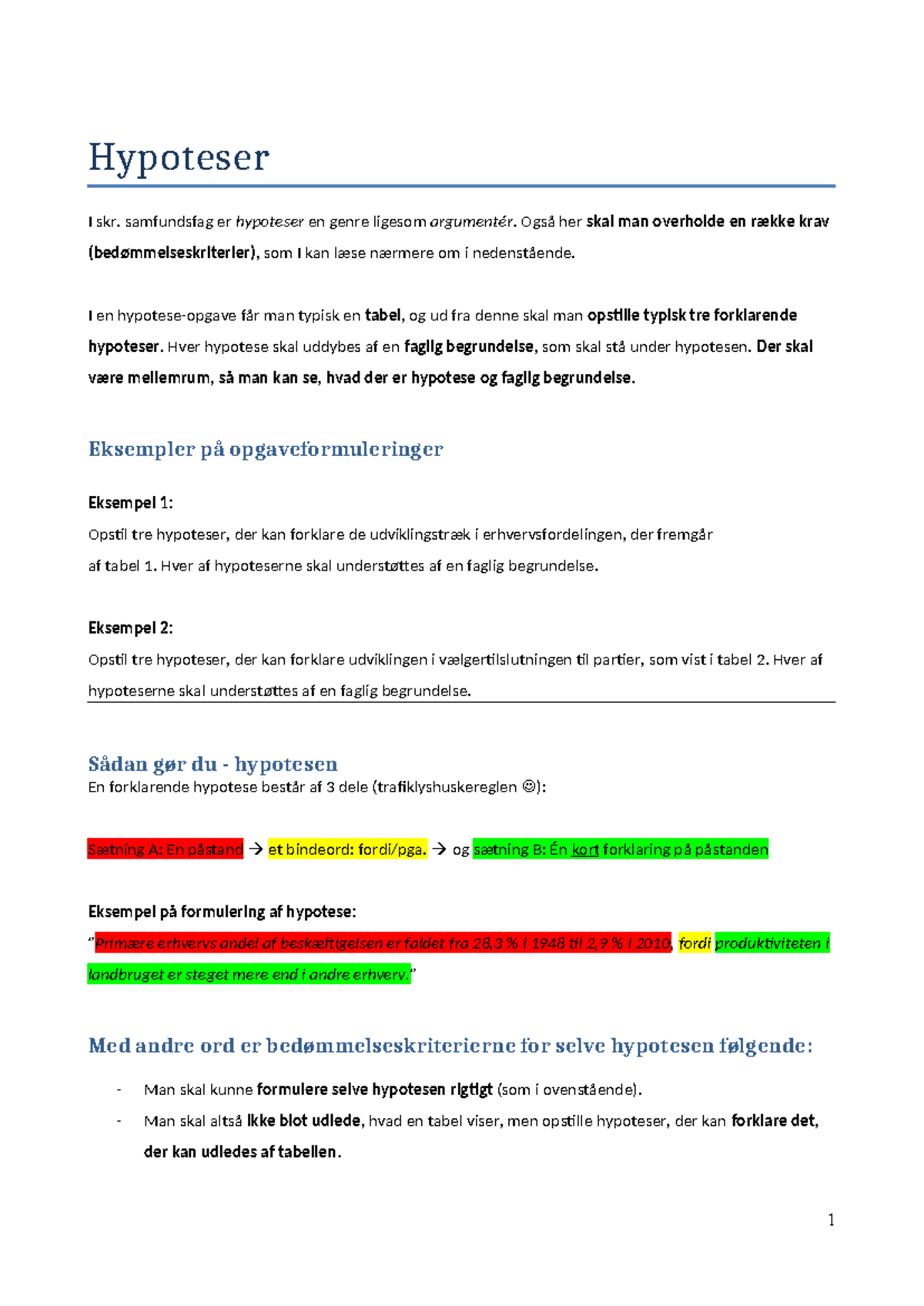 Hypoteser i Samfundsfag: Vejledningsark til Opgaver - Studocu