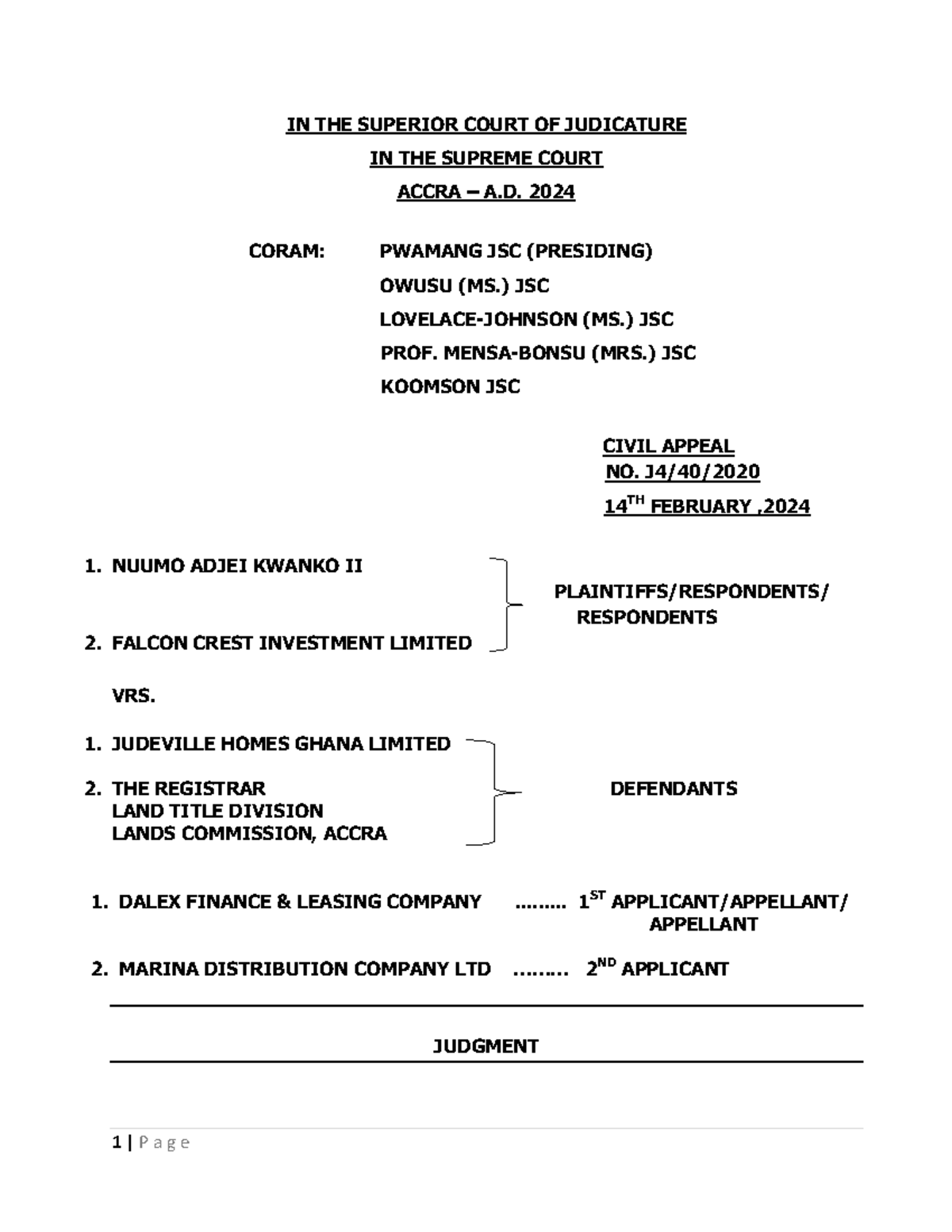 Kwanko II ANOR v. Judeville Homes Ghana Ltd. (Civil Appeal No. 14/2024 ...
