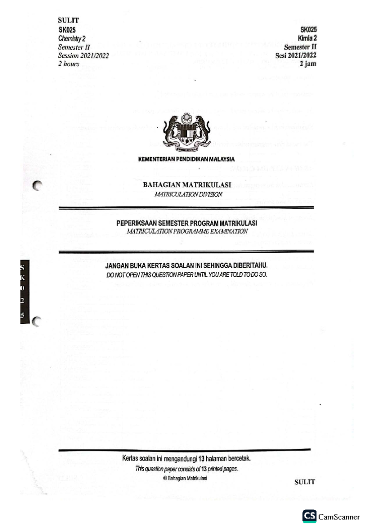 PSPM 2021/2022 SK025 Chemistry 2 Final Exam Question Paper - Studocu