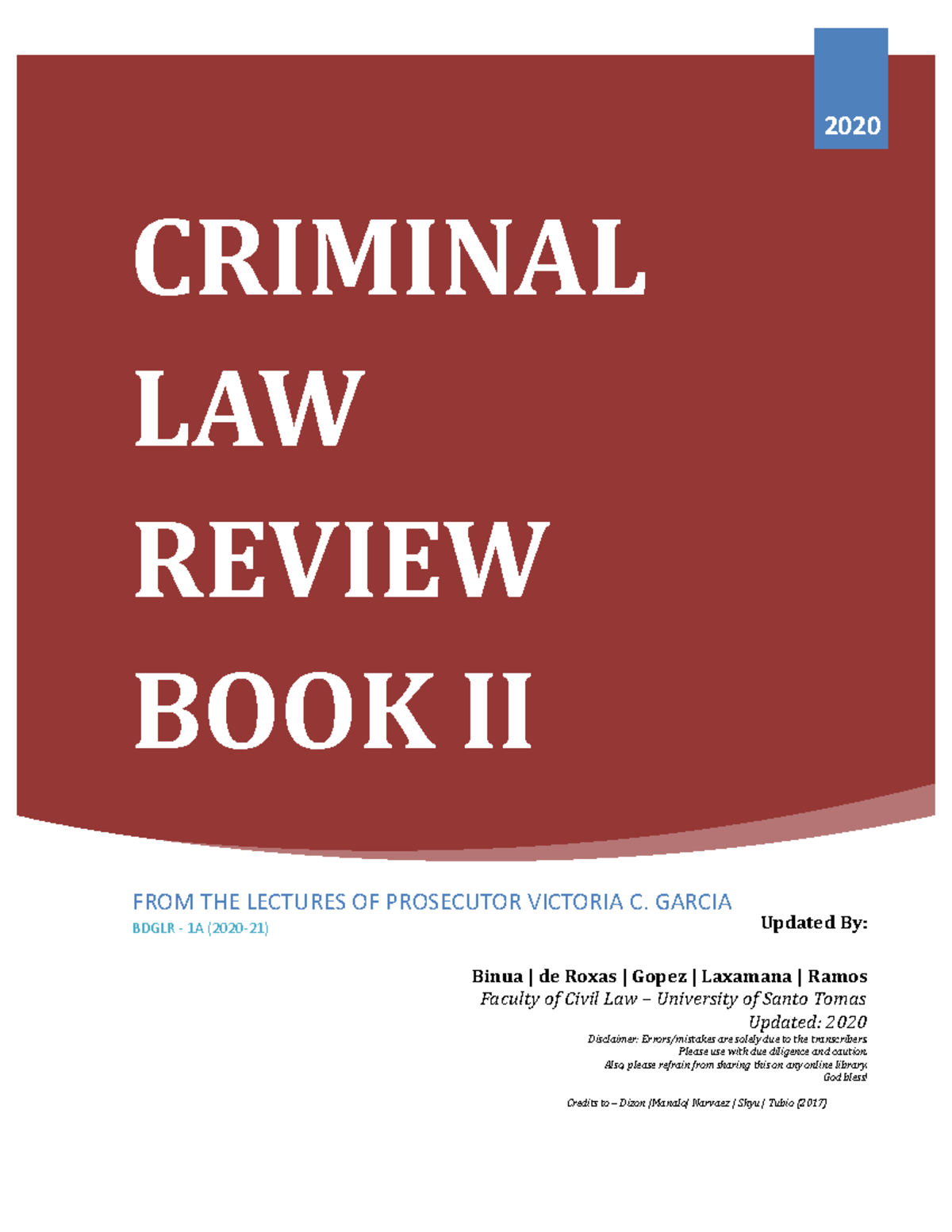 Prosec-Notes-2020 - Criminal law - 2020 CRIMINAL LAW REVIEW BOOK II ...