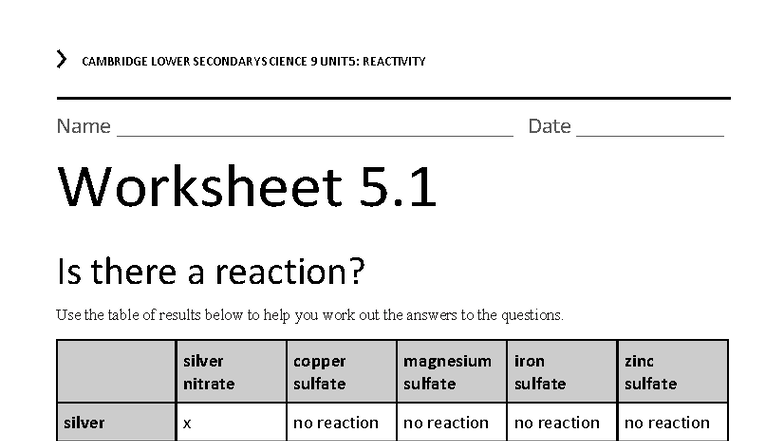 CAMBRIDGE LOWER SECONDARY SCIENCE 9 UNIT 5: REACTIVITY WORKSHEETS - Studocu