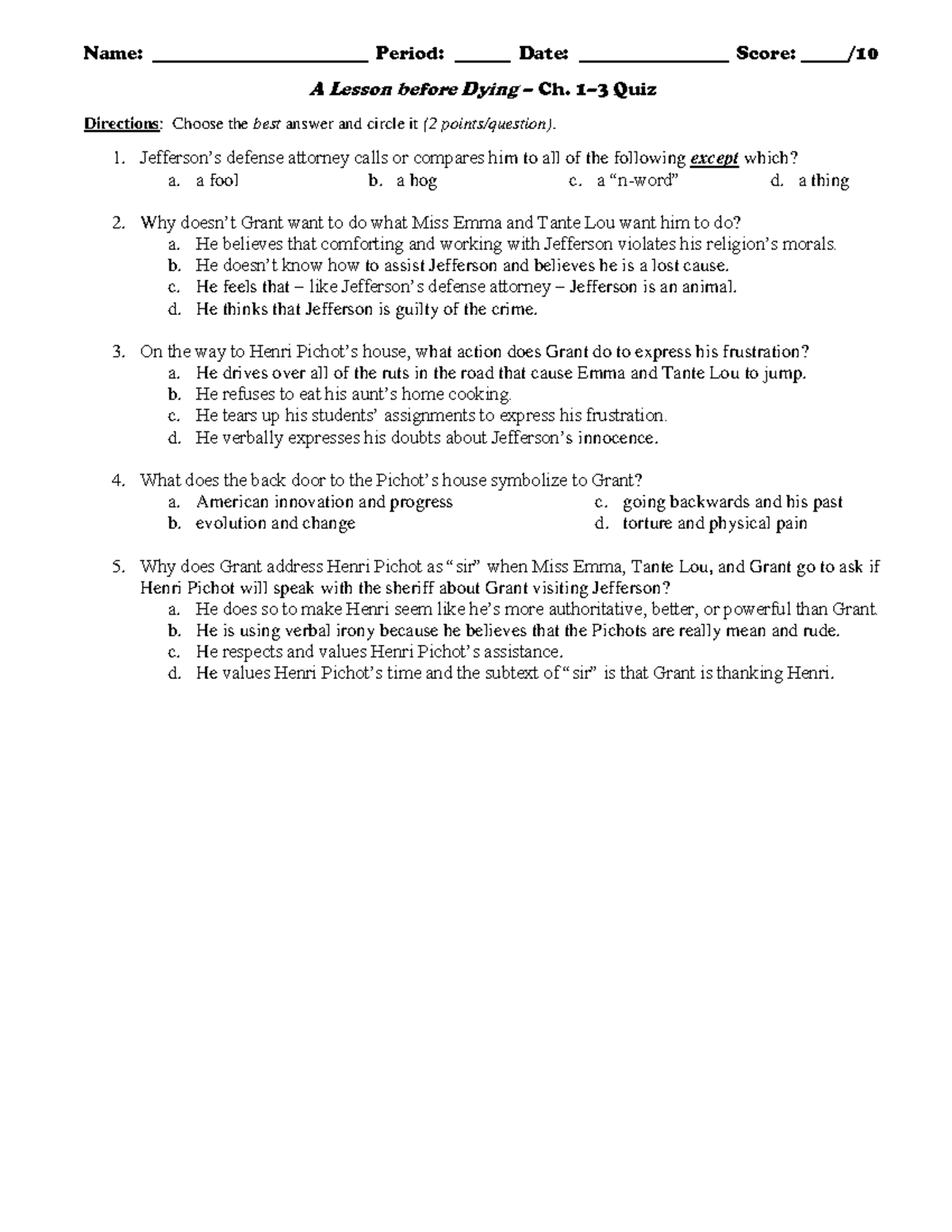 A Lesson before Dying (ENG 101) Ch. Quiz & Test Questions - Studocu