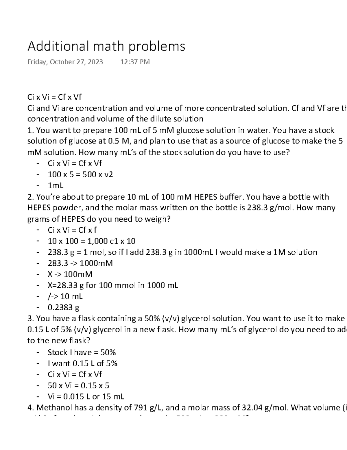 Math Problem Solutions for Chemistry Course: CHM 101 Lab Exercises ...