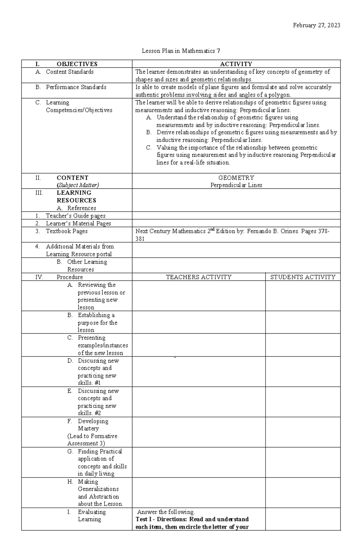 LP in Math 7 W2D5 (done) - Lesson Plans for Grade 7 Third/ Fourth ...