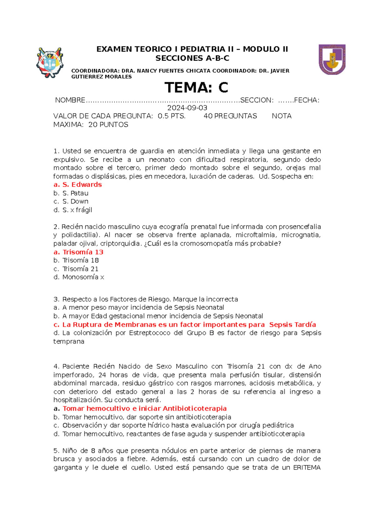Examen Teórico I Pediatría II - Módulo II, Secciones A-B-C 2024 - Document Preview