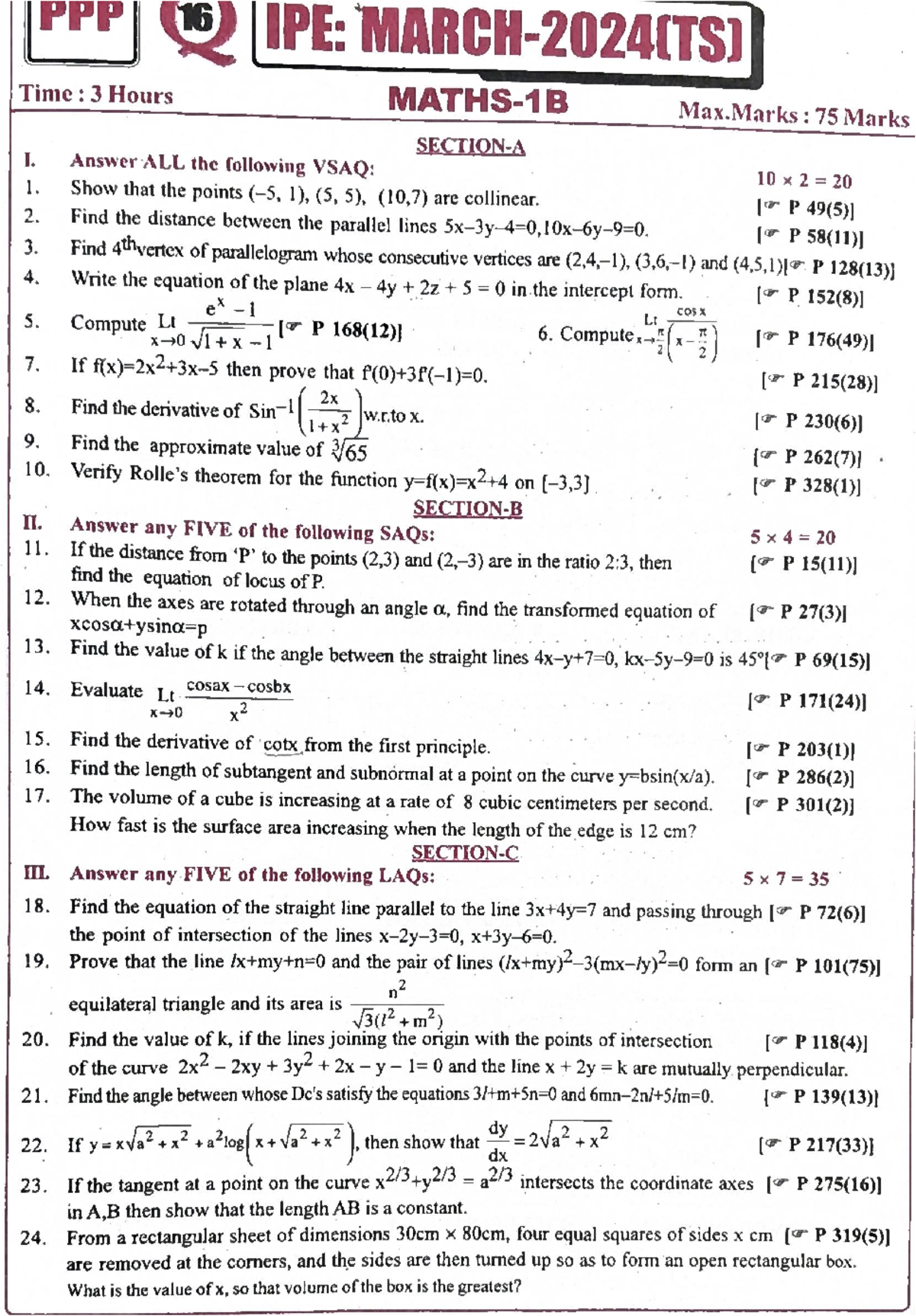 IPE Previous Year Question Papers (PYQ) - Max Marks: 75, Time: 3 Hours ...